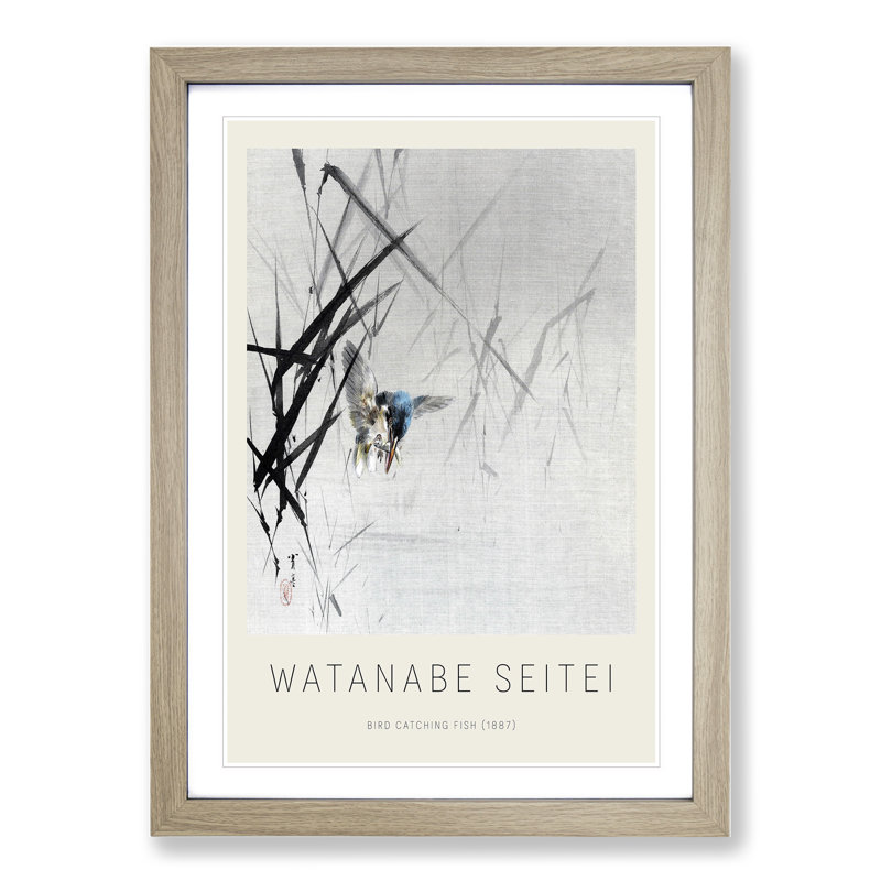 Bird Catching a Fish by Watanabe Seitei - Picture Frame Art Prints, 36cm H x 27cm W x 2cm D, Oak