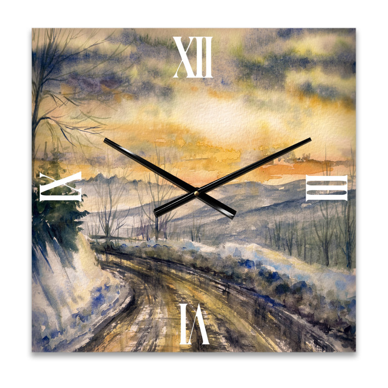 Paysage d'hiver avec route sous un coucher de soleil brillant - Horloge murale traditionnelle, Grand