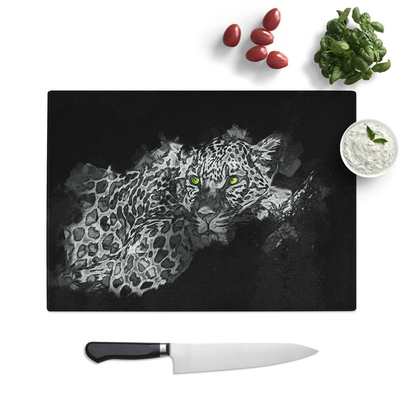 Glass Leopard With Green Eyes High in Abstract Chopping Board, 39 cm W x 28.5 cm L