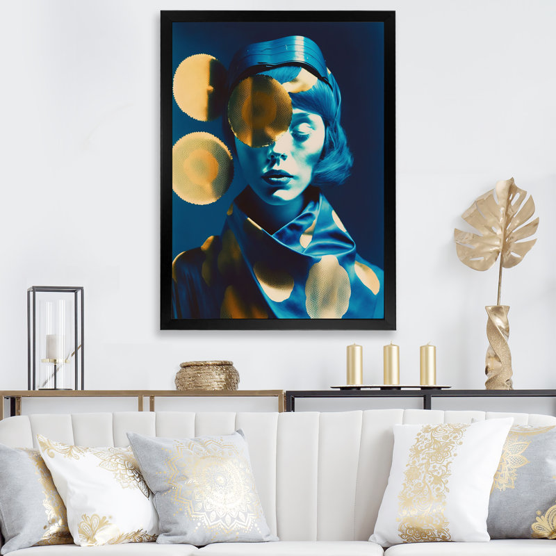 Earvin Avant Garde, modèle en or et bleu rétro sur toile, H 20 po x l 12 po x P 1 po, Cadre photo noir