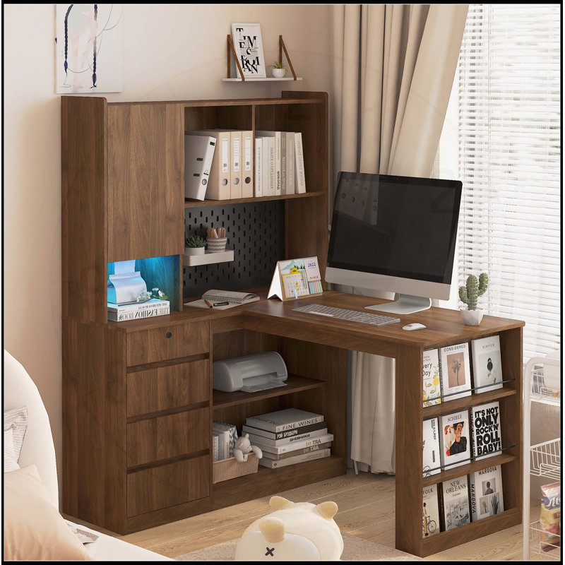 Bureau en L avec tiroirs, bibliothèque, lumière DEL, bureau d'ordinateur de coin moderne pour le bureau personnel et les jeux