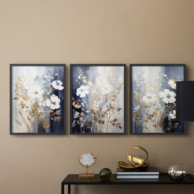 Étude florale série XCIV - ensemble de 3 estampes giclées encadrées - prêt à être accroché, Noir, noir, noir, noir