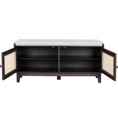 Rattan Entryway Bench With Storage, Cushioned Shoe Bench With Double Doors, Wooden Shoe Organizer Bench For Entryway And Hallway