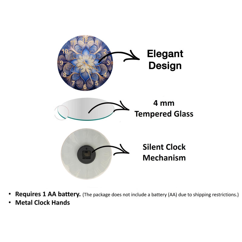 Horloge murale symétrique kaléidoscope en verre trempé à motif floral bleu et doré, Noir