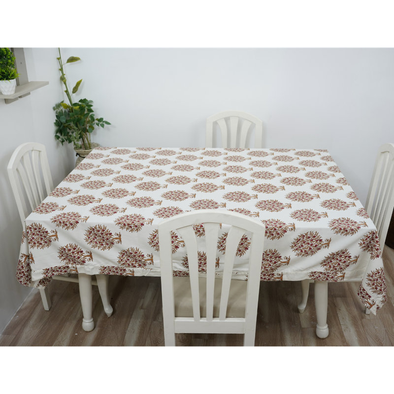 Red Barrel Studio®  Handmade Block Printed Tablecloth with Floral Patterns for Dining Table, Anar(10 Seater), 160" Rectangle