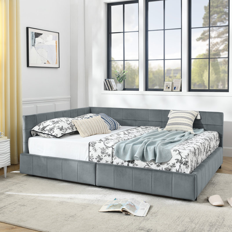Queen Size Storage Upholstered Tufted Bed Frame, Sofa Bed Frame With Comfortable Backrest And Armrests,Queen Size Bed For Bedroom, Living Room,Velvet, Grey