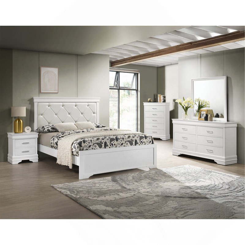 Mobilier de chambre à coucher moderne avec panneau de lit grand et tête de lit tapissier à texture de cristal, Grand lit