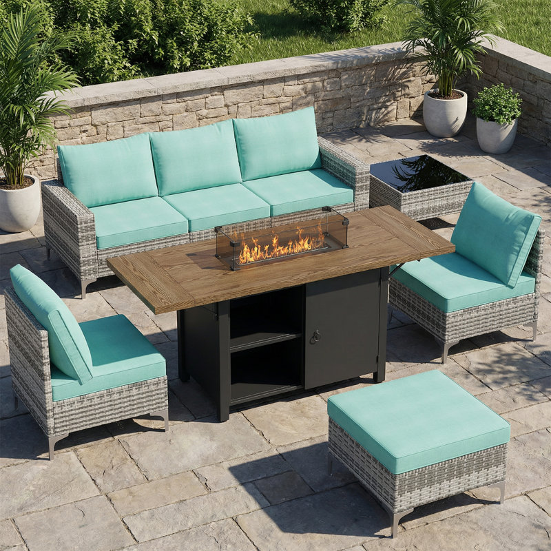 Ensemble de conversation modulaire d'extérieur en osier 8 pièces avec coussins et table de foyer 8 pièces, Vert, Gris