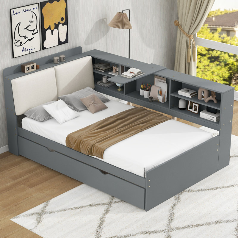 Lit plateforme en bois robuste | Tête de lit avec rangement, tablette rotative et lit gigogne pour chambre d'amis, Gris