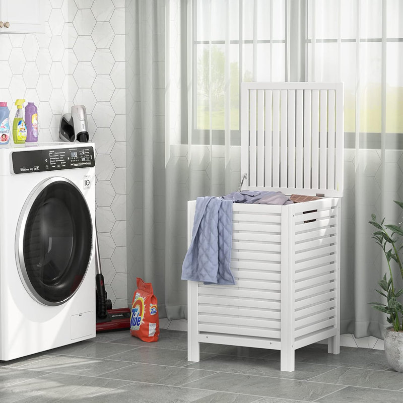 Bamboo Laundry Hamper, 2-Section 120L Laundry Hamper With Lid And Removable Liner Bag, Large Raised Laundry Basket Sorter For Clothes, Bathroom, Bedroom, White