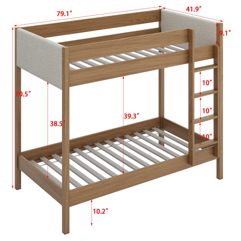 Bunk Bed Frame With Ladder, Safety Guardrails, Upholstered Headboard/Footboard
