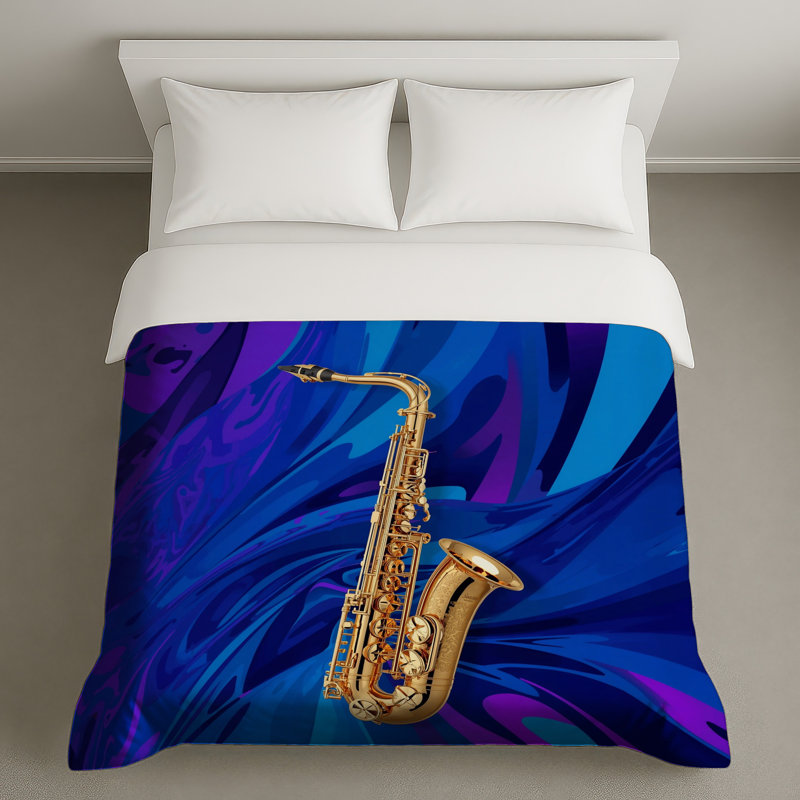 Housses de couette dorées à saxophone sur fond bleu, Grand lit