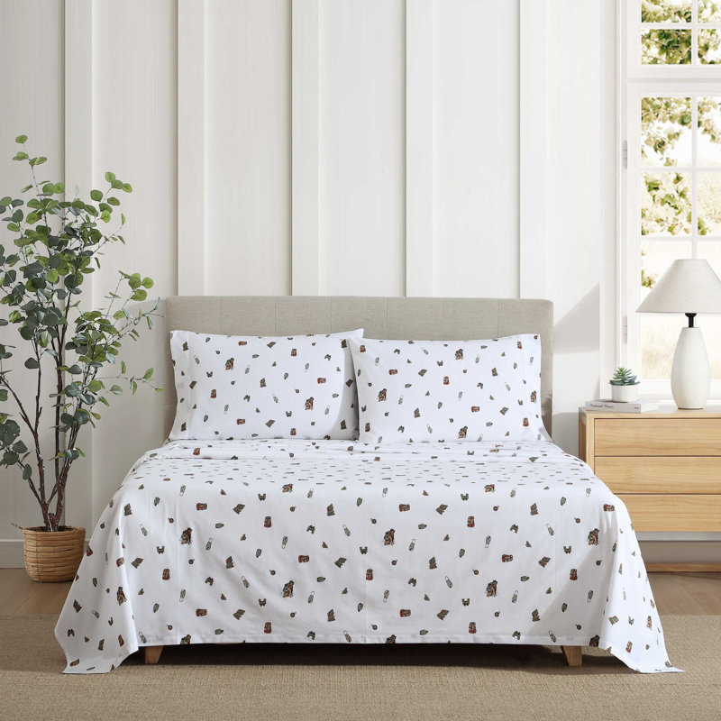 Shasta Lake Cotton Percale Standard Sheet Set, Queen Sheet Set with 2 Pillowcases, Buddy Camping Allover White