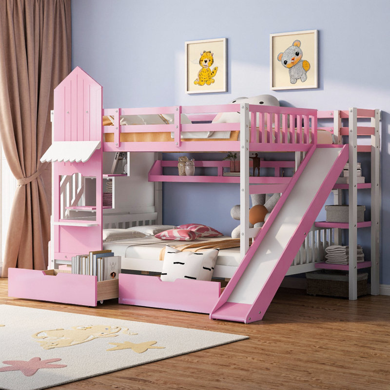 Lit superposé à thème pour enfants avec glissade, tiroirs de rangement et tablettes en bois massif Kids - Espace de sommeil amusant et fonctionnel