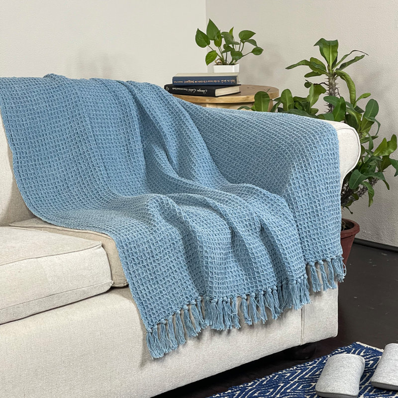 Stonewash Blue Cotton Waffle Weave Throw Blanket