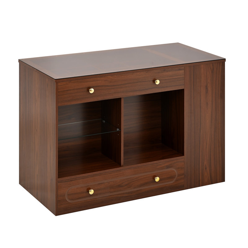 Closet Island with 6 Drawers, Island with Glass Display Top and Open Shelves, Walnut