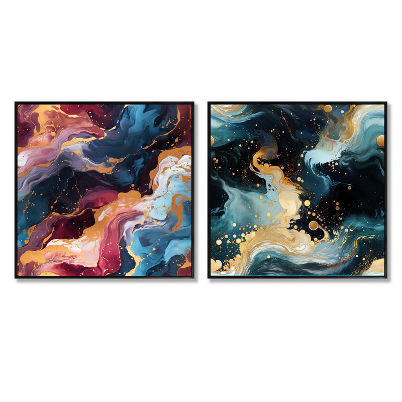Gold Dreams Galactic Marble Dreams - Ensemble de 2 collages abstraits carrés, Cadre flottant noir, H 36 po x l 73 po