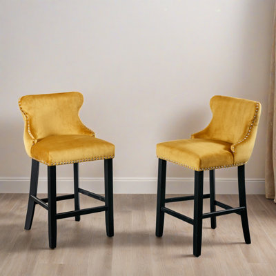 Tabourets de bar contemporains rembourrés en velours, tabourets de bar à hauteur de comptoir de style loisirs avec décoration capitonnée à boutons (ensemble de 2)