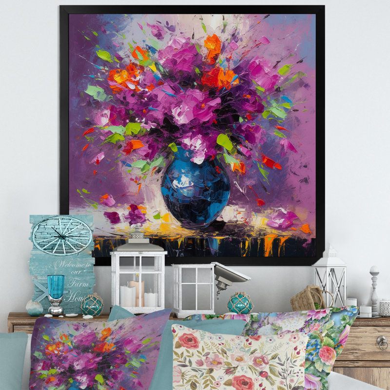 Fleurs mauves vives dans un vase noir - impression, Cadre simple noir, H 30 po x l 30 po x P 1 po