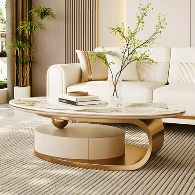 Fully Assembled Oversize 51" Modern Oval Coffee Table with Storage Drawer, White Sintered Stone Top & Gold Stainless Steel Base