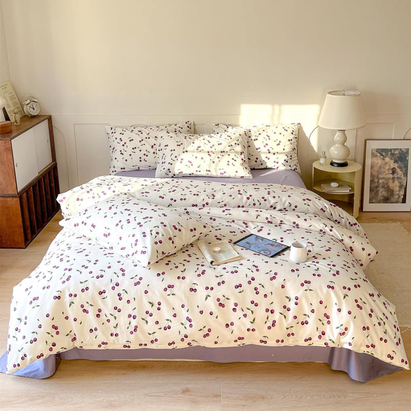 Housse de couette Bedding Violet White Cherry, Housse de couette grand et 2 taies d'oreiller stan
