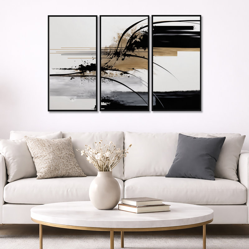 Avetik noir, blanc et or Expression II - ensemble d'art mural moderne sur toile, Impression encadrée, H 28 po x l 36 po
