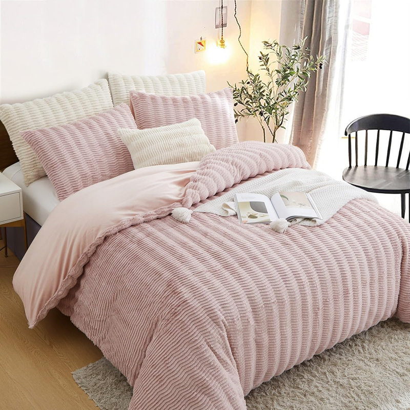 Housse de couette moelleuse en fausse fourrure pour grand lit, Rose