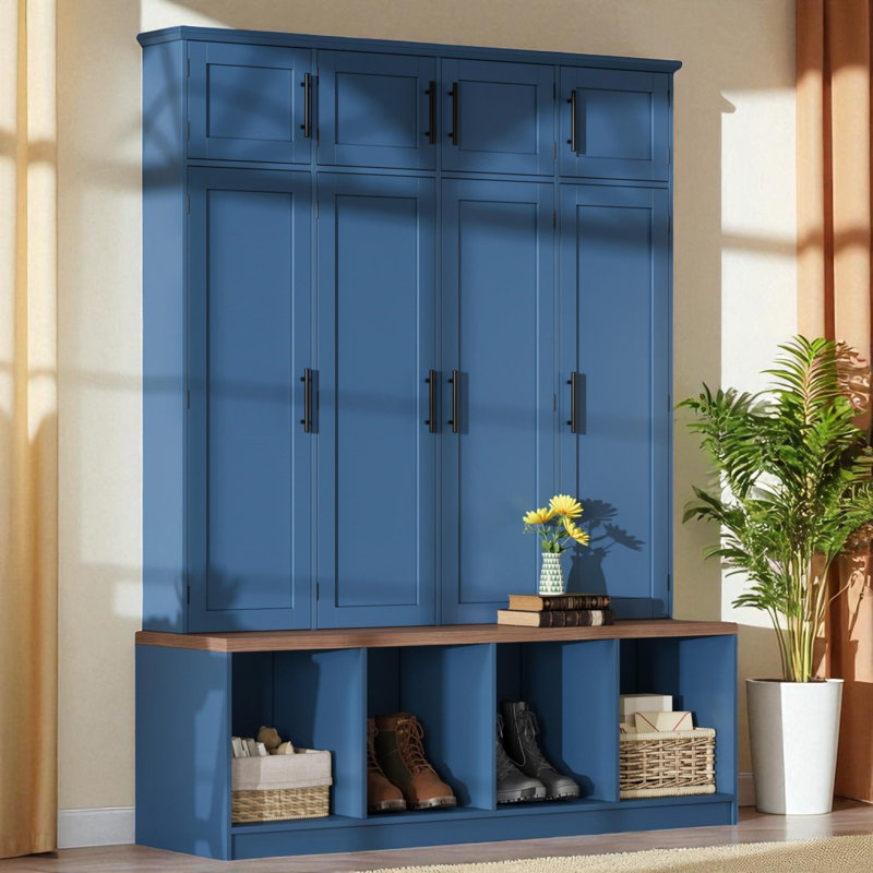Hall Tree 59.03" Wide With Bench And Storage, Blue