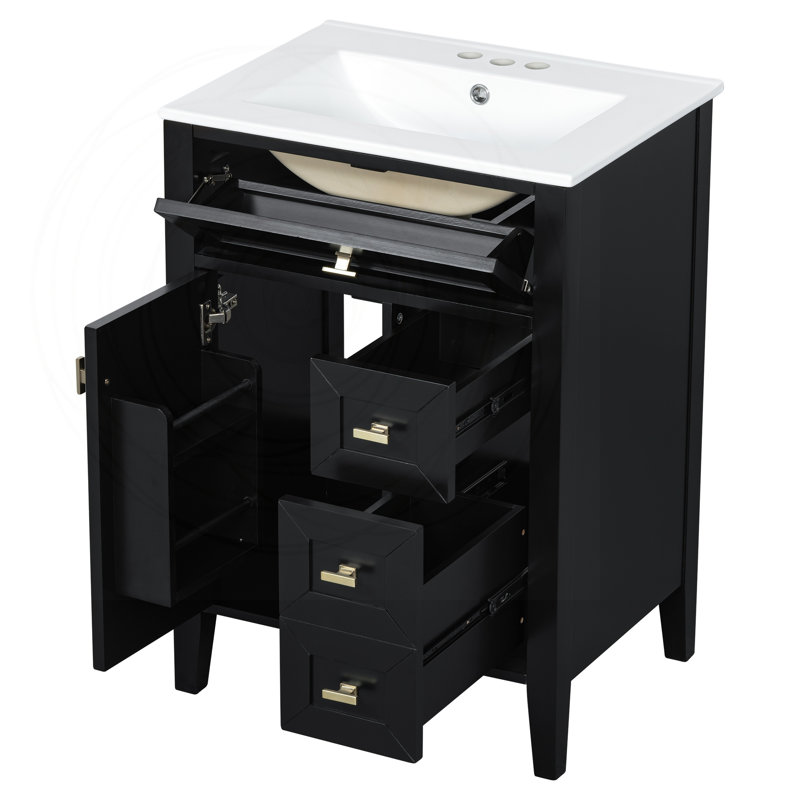 Fabrication de meuble-lavabo 24 po avec lavabo, panneau de fibres à densité moyenne et bois d'hévéa, Noir
