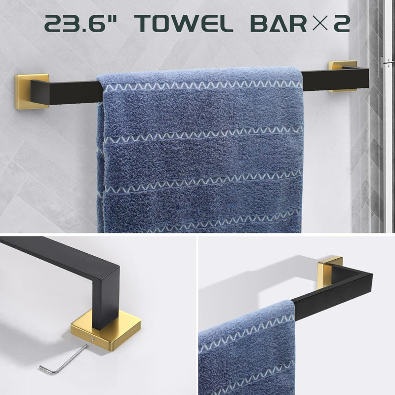 Bathroom Hardware Accessories Set - 7-Piece Stainless Steel Towel Bar, Toilet Paper Holder, Towel Hooks - Square Design