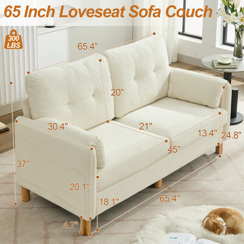 65.4" Chenille Upholstered Loveseat Sofa with Pillow Top Arms, 2 Storage Pockets, Beige