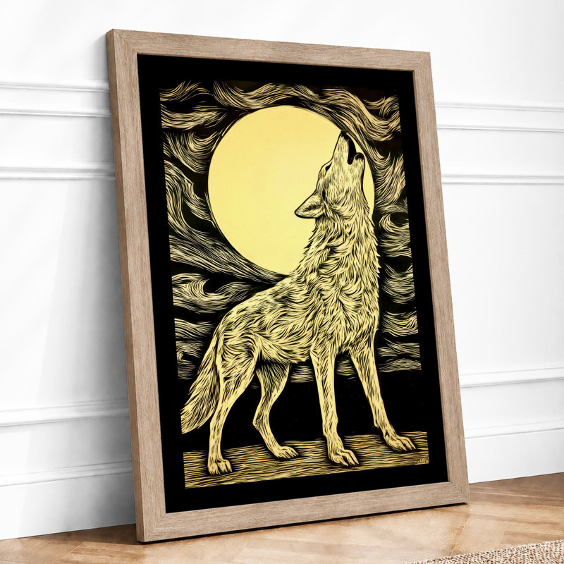 Wolf Howling At Moon Japandi - Print, A3 - 42.0 x 29.7 cm, Oak