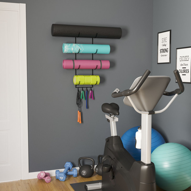 Black Metal Wall Mounted Yoga Mat and Foam Roller Organizer