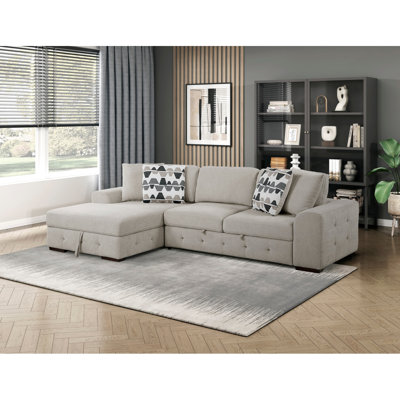Taupe 2-Piece Sectional with Left Chaise Storage Pull out Bed Tufted Chenille Fabric Solid Wood Living Room Furniture