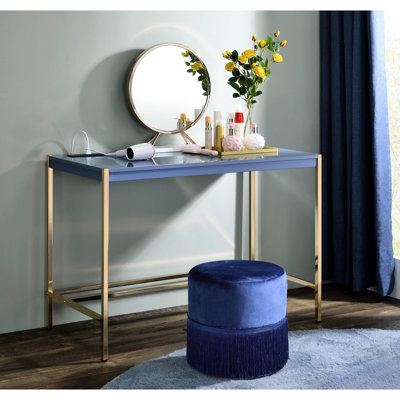 Stylish Desk With Open Metal Base And High-gloss Top, Navy Blue & Gold Finish, 20.44"d X 42.62"w Construction, 40"l 14"w 28"h