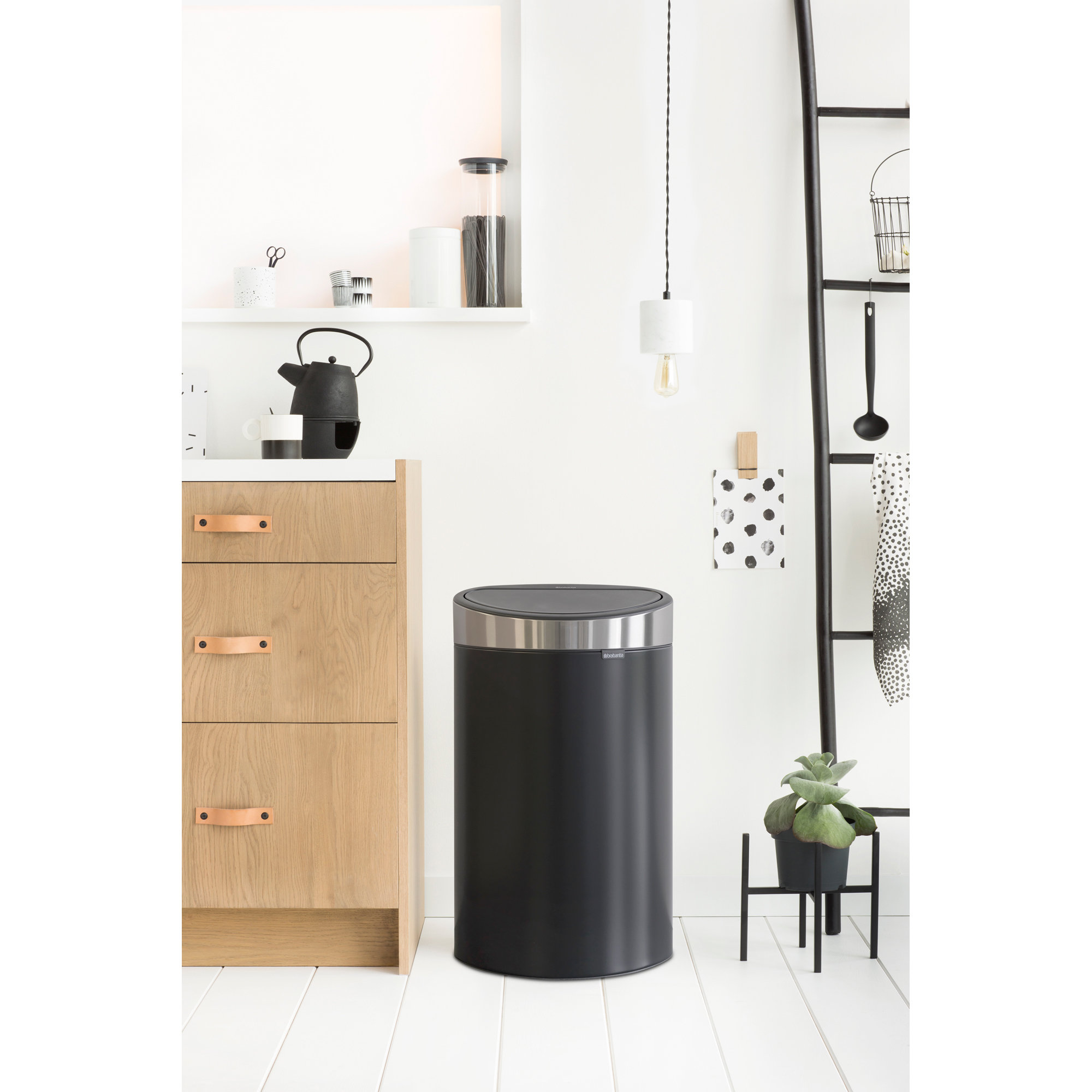 Brabantia Touch Top Trash Can New, 10.6 Gallon (40 liter), Matte Black/Silver