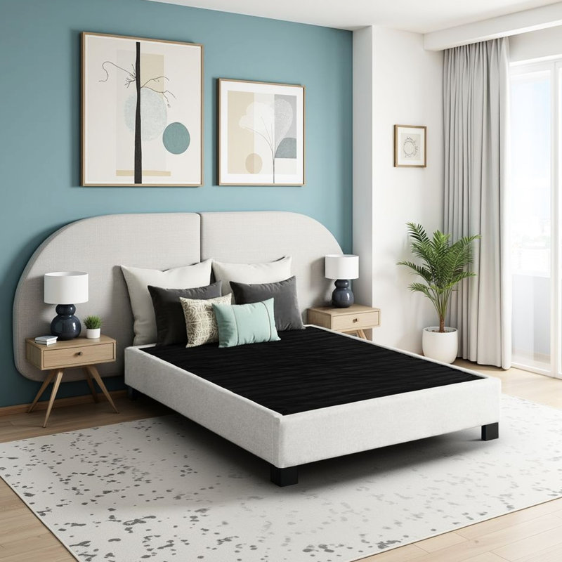 Lit plateforme tapissier grand moderne avec revêtement en avoine, peuplier de 81 po, 61 po de profondeur, 14 po de hauteur, 14 po et cadre - Rembourrage en mousse américaine, placages de couleur requis, sans sommier tapissier