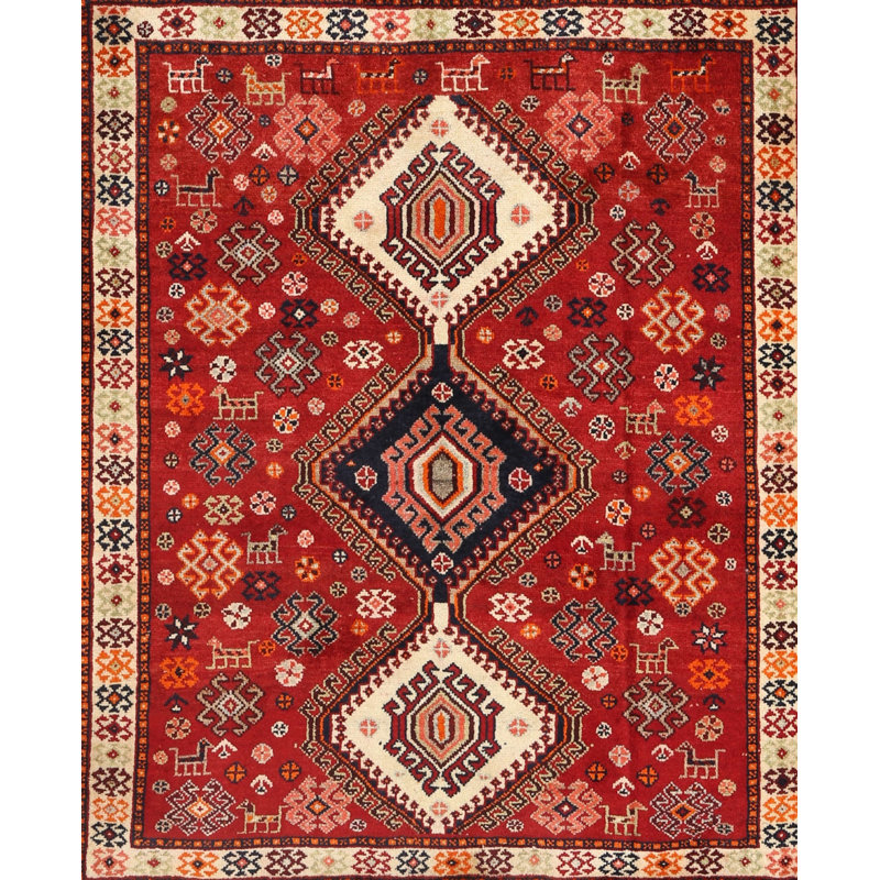 Tapis traditionnel rouge / noir / beige, Rectangle 7 pi x 10 pi
