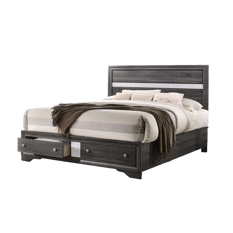 Lit de rangement gris traditionnel pour chambre double - Bois d'ingénierie et fonction pratique avec confort