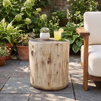 Ziven Rustic MGO Tree Stump Side Table with Whimsical Patio Appeal