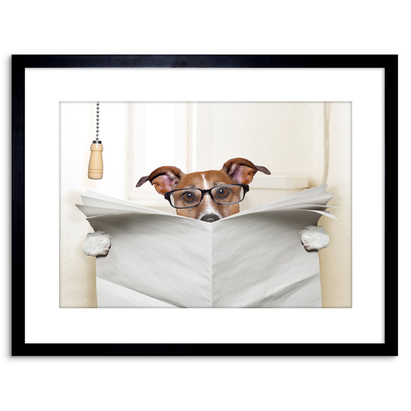 Mock Jack Russell Toilet Reading Newspaper - Single Picture Frame Print, Black