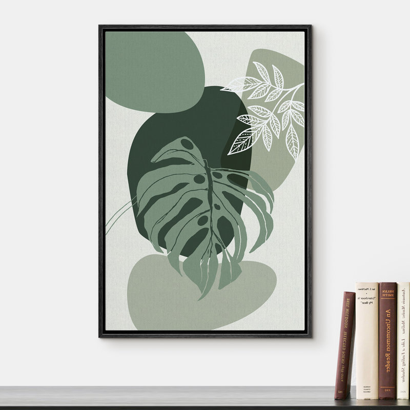 «Signature», reproduction d'art sur toile encadrée avec feuilles vertes de la jungle et plantes ovales multicolores, art numérique, art moderne, tropical, coloré, frais pour le salon, la chambre à coucher et le bureau - 24 po x 36 po - noir