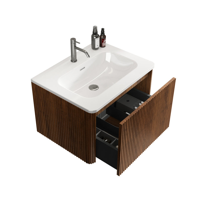 Meuble-lavabo de salle de bain 24 po - Noyer rayé en céramique blanche avec rebords courbés Safer, Walnut, 24"