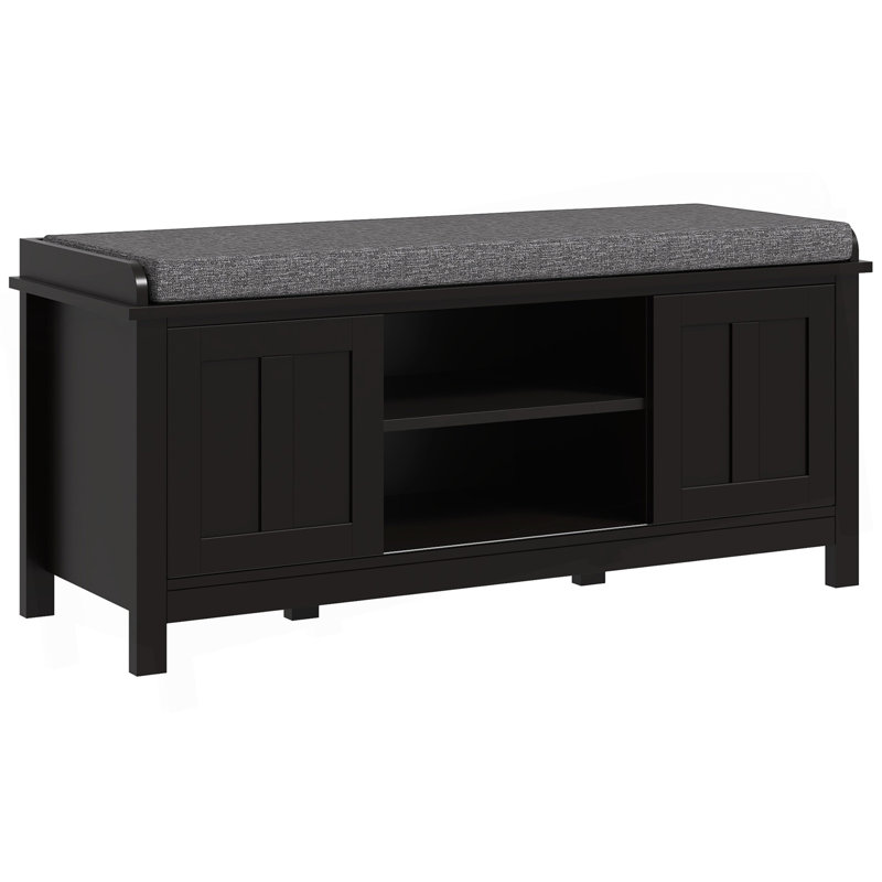Repose-pieds de rangement pour le hall d'entrée avec portes coulissantes, tablettes réglables, 6 compartiments et siège rembourré, peut contenir 10 paires, noir