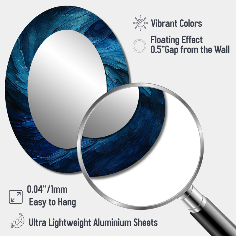Blue Swirl Wave Spiral I - Abstract Spirals Large Mirror, Blue Decorative Wall Mirror, Printed Metal Art, 40" x 30", Oval