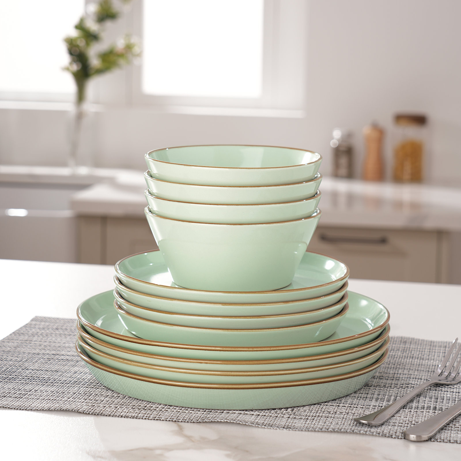 Stoneware Dinnerware Set, Light Green