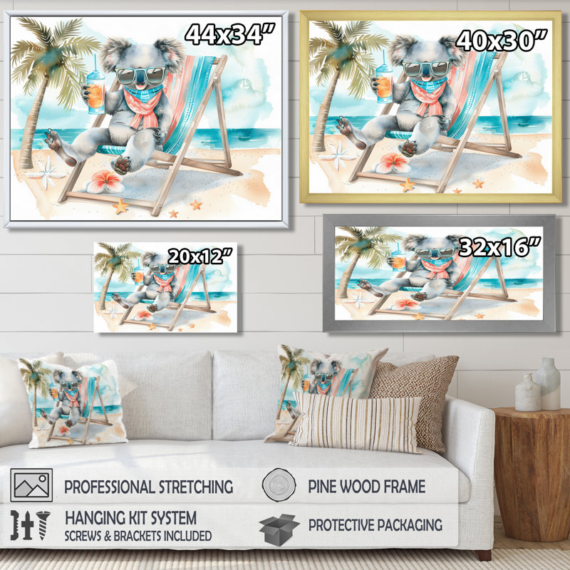 Mignonne plage de koala relaxante - salon d'art mural animal côtier, Toile encadrée noire simple, H 24 po x l 32 po x P 1 po