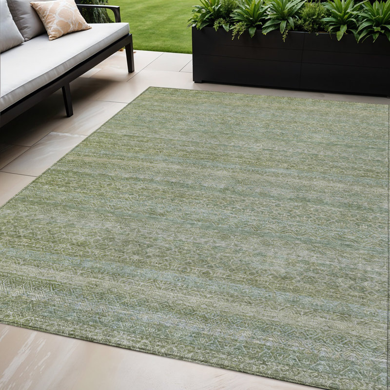 Tapis intérieur lavable rayé sauge et ivoire 5 pi x 8 pi