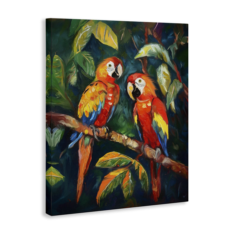 «Perroquet paire sur branche» par Ramona Murdock, H 30 po x l 24 po x P 1,5 po