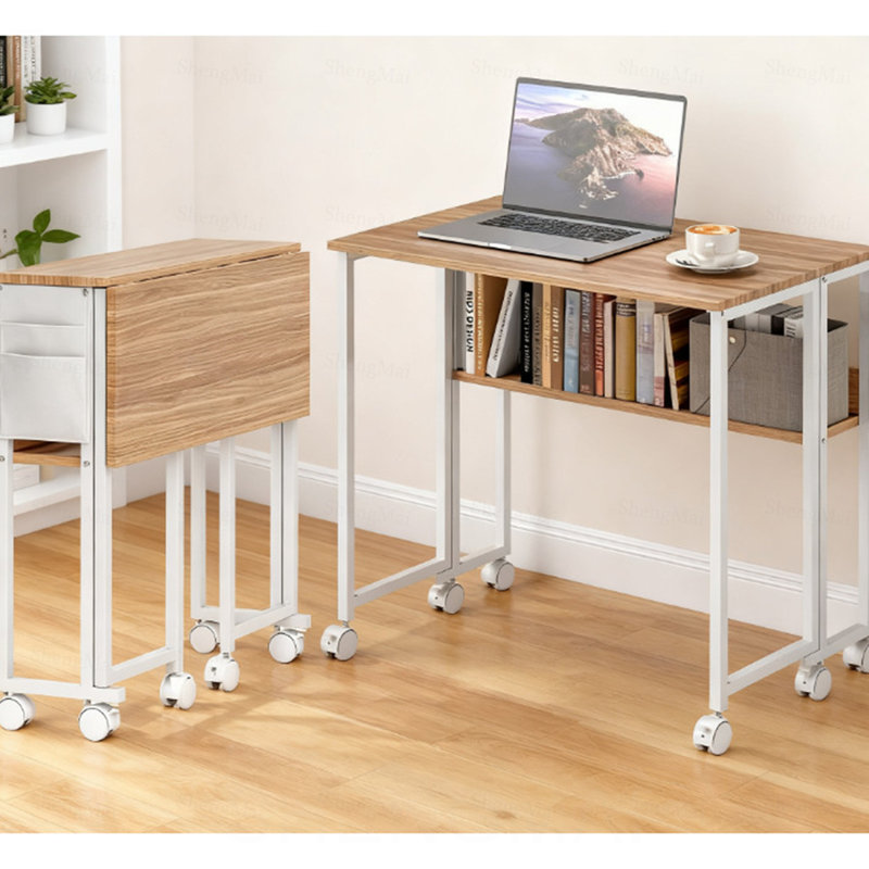 Bureau pliable avec sac de rangement, tablette et roulettes pour petits espaces, bureau à domicile, Naturel